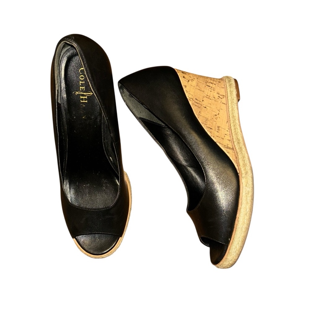 Cole Haan Black Leather Peep Toe Cork Wedge Heels‎ Size 8.5